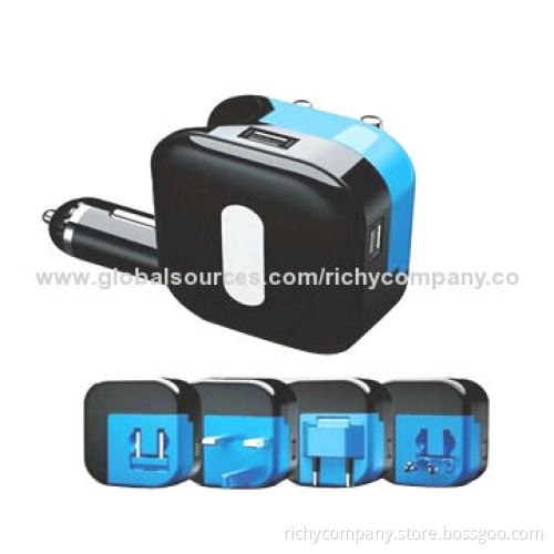 2-in-1 car charger with EU, UK, US, AU plug pins for option